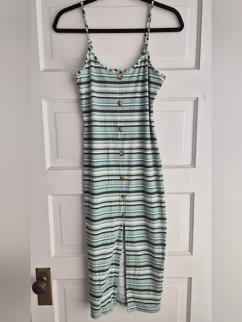No Boundaries Mint and Black Striped Button-Front Midi Dress